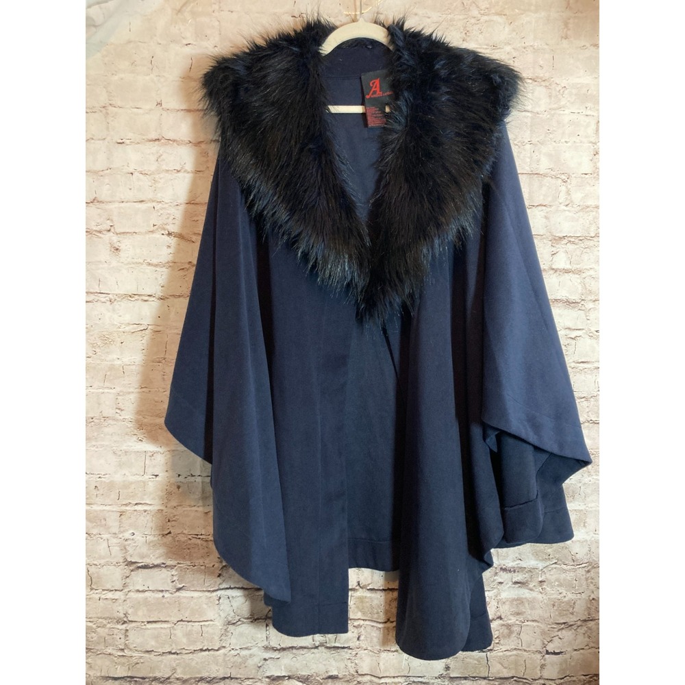 Adrienne Landau Mob Wife Cape Poncho 3X Navy Blue Faux Fur Trim Open Front Shawl
